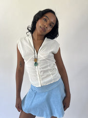 aquamarine drop | small white pinstripe zip front short sleeve top