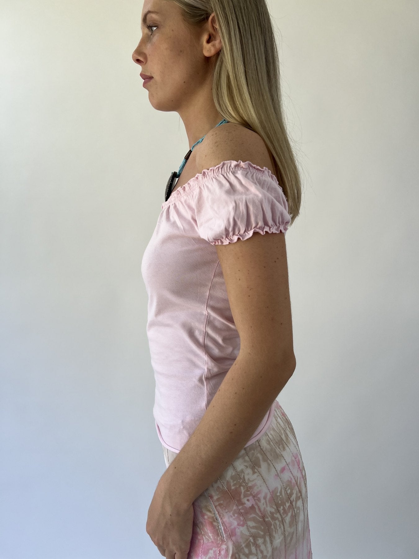 aquamarine drop | small pink off shoulder top