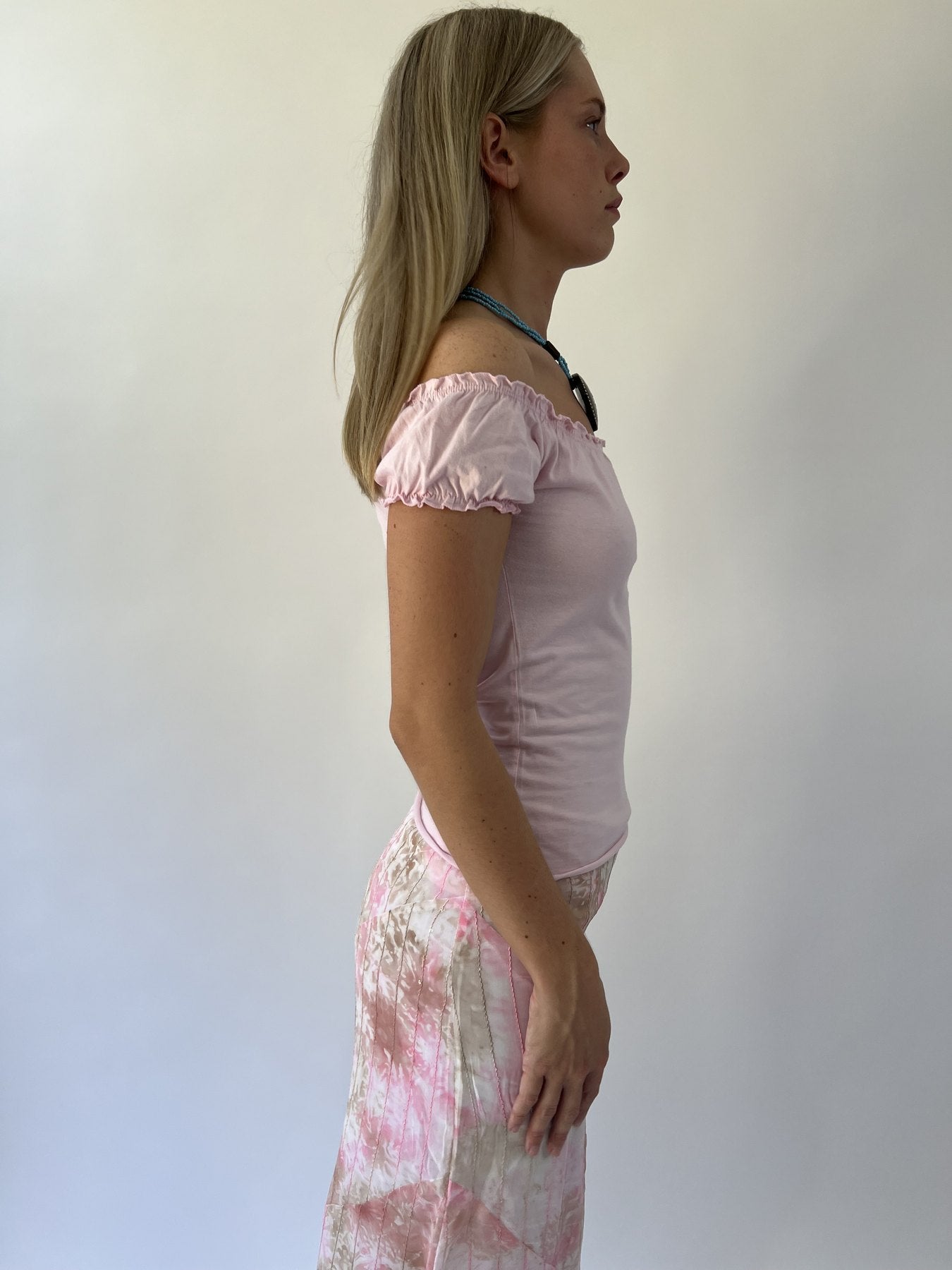 aquamarine drop | small pink off shoulder top
