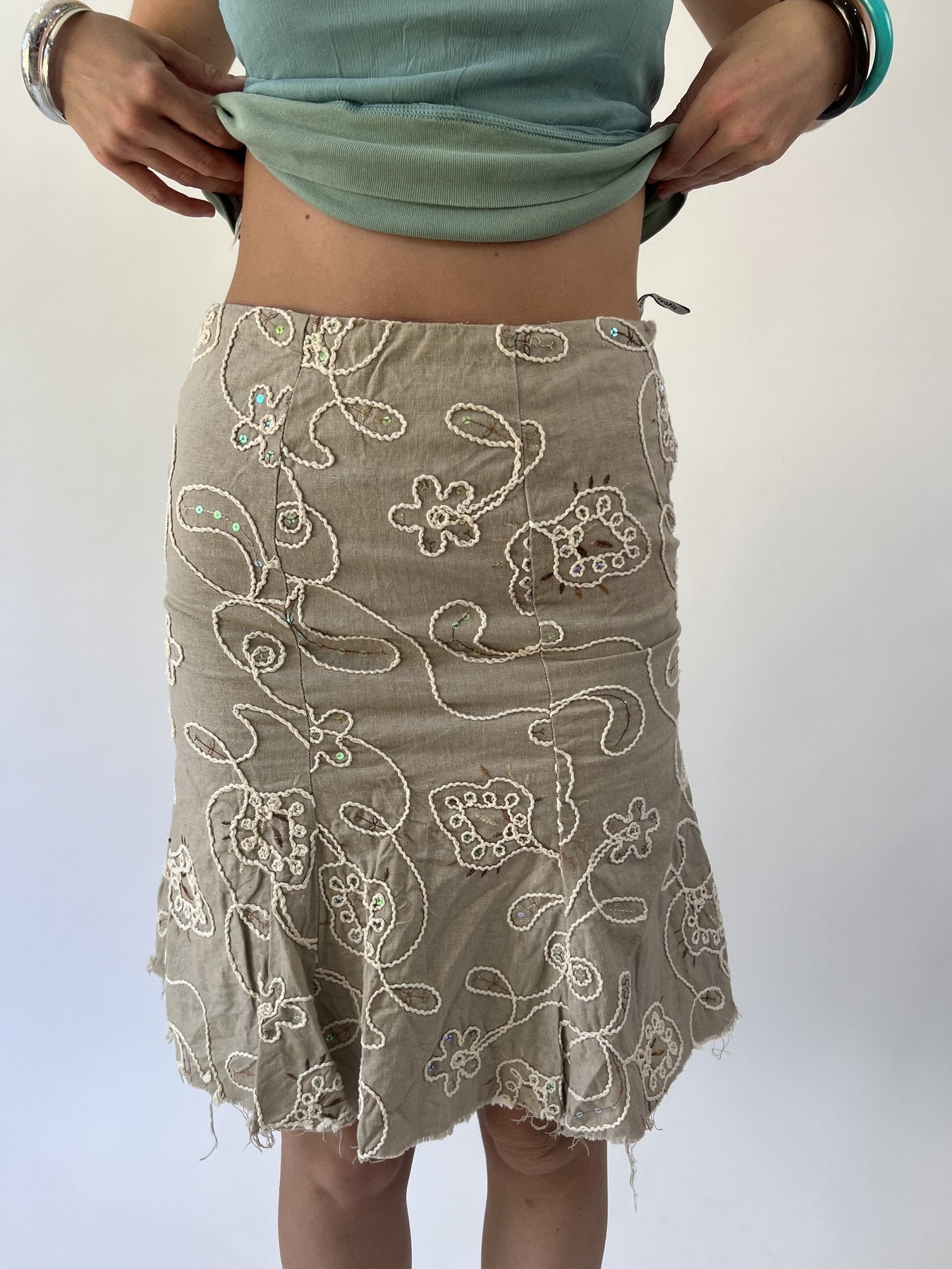 aquamarine drop | small khaki embroidered midi skirt