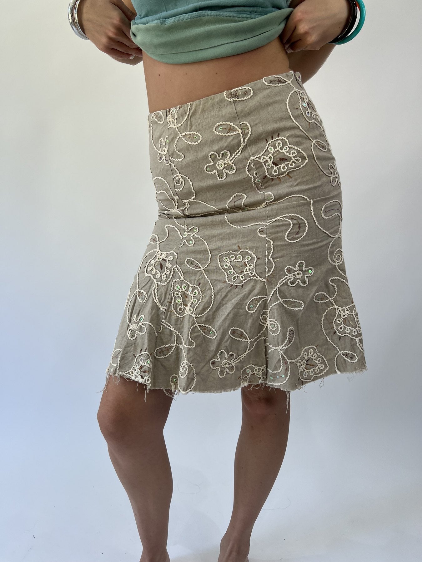 aquamarine drop | small khaki embroidered midi skirt