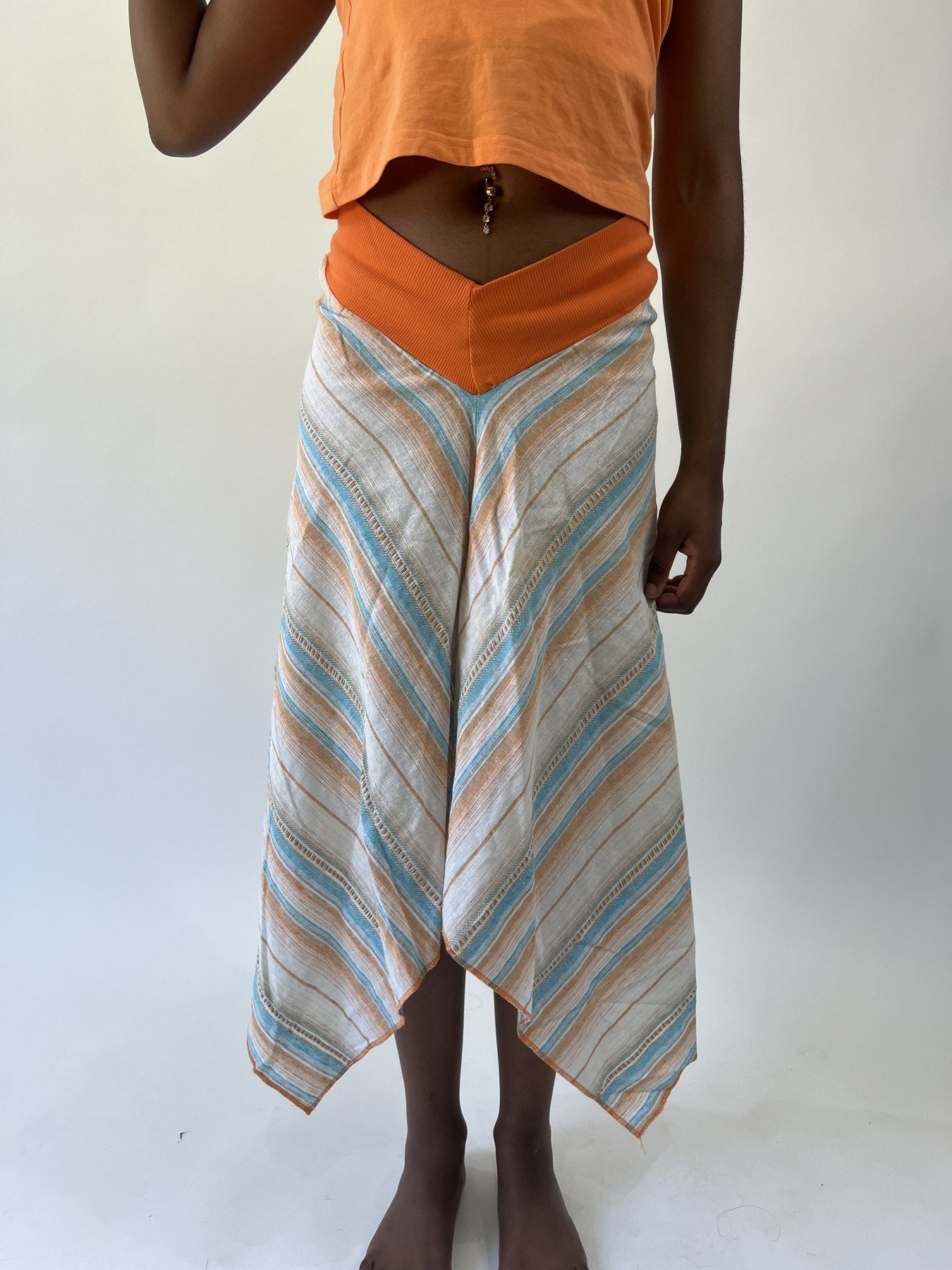 aquamarine drop | small cream blue and orange striped asymmetric midi skirt