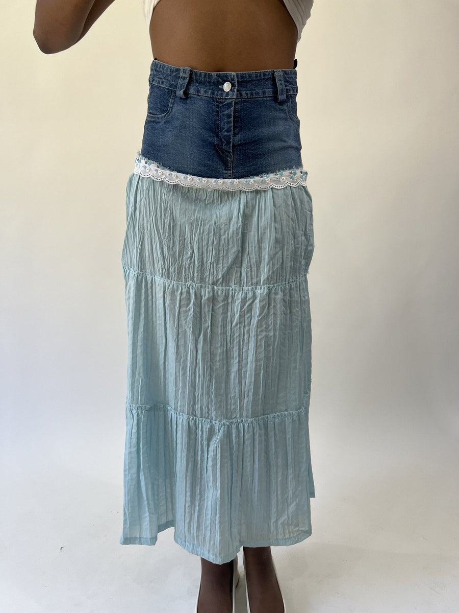 aquamarine drop | small blue denim and lace maxi skirt