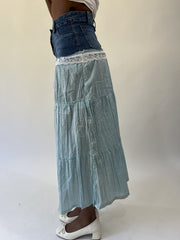 aquamarine drop | small blue denim and lace maxi skirt