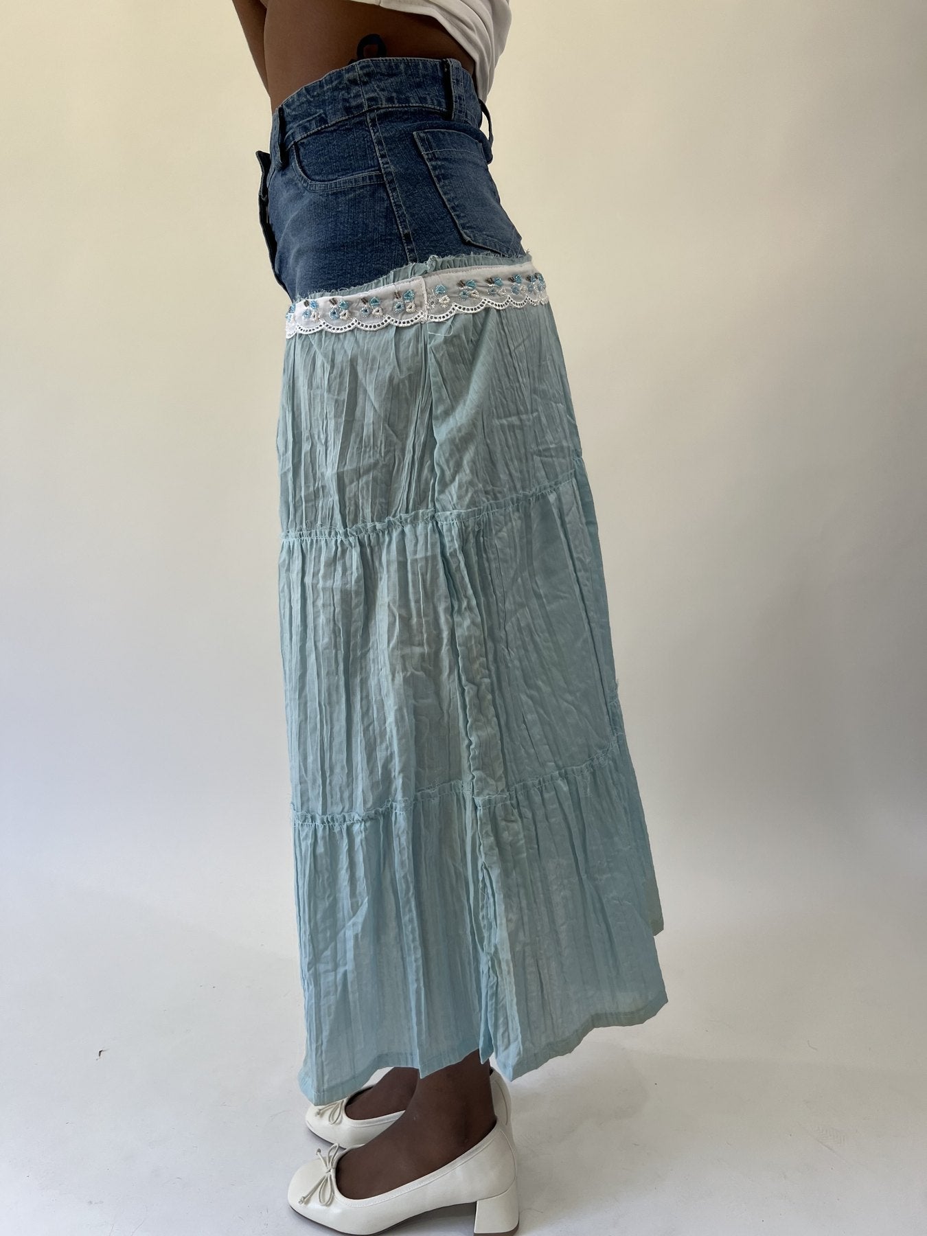 aquamarine drop | small blue denim and lace maxi skirt