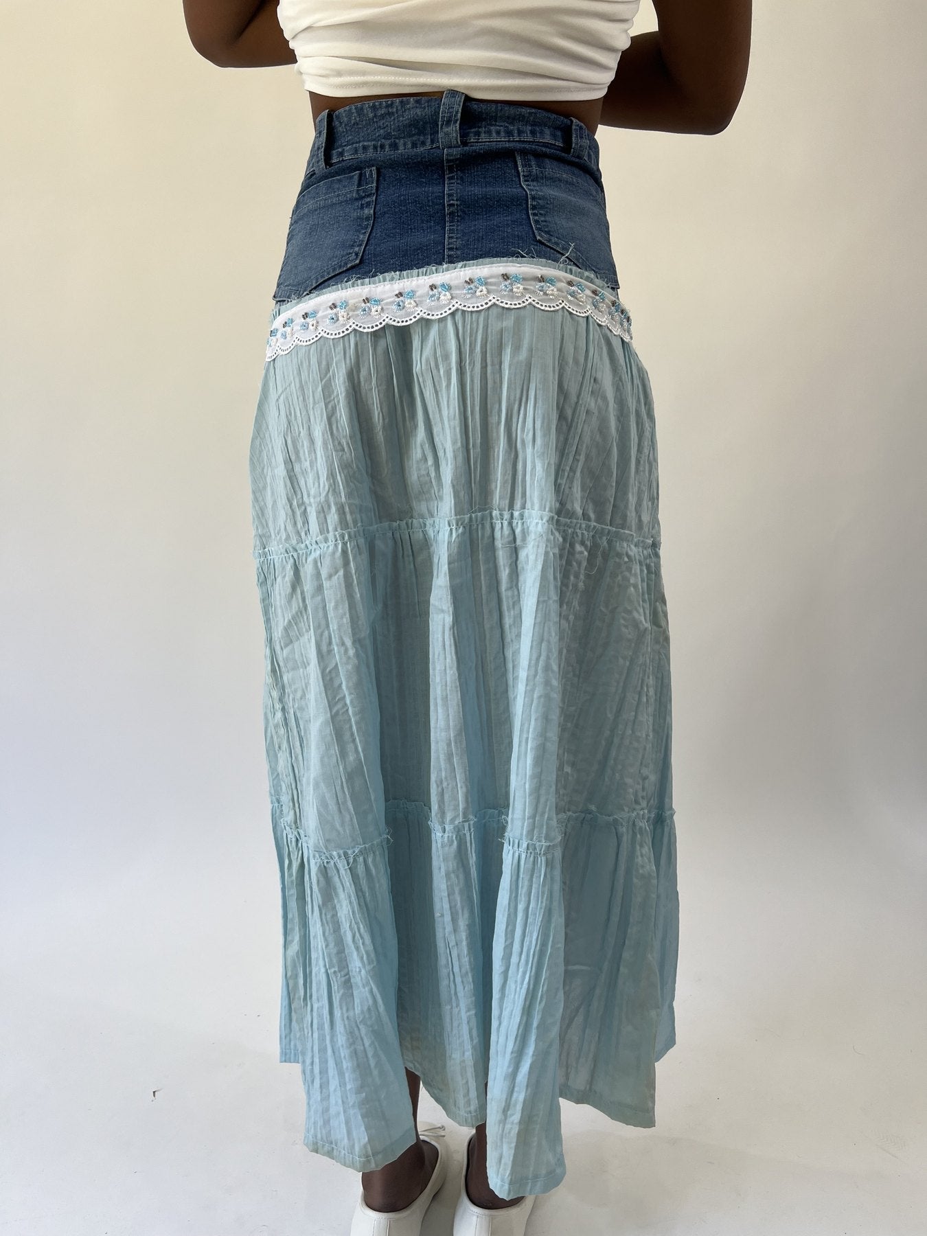 aquamarine drop | small blue denim and lace maxi skirt