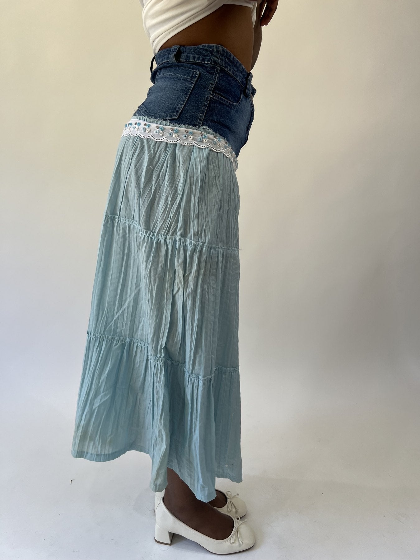 aquamarine drop | small blue denim and lace maxi skirt