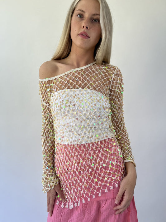 aquamarine drop | small gold crochet long sleeve top
