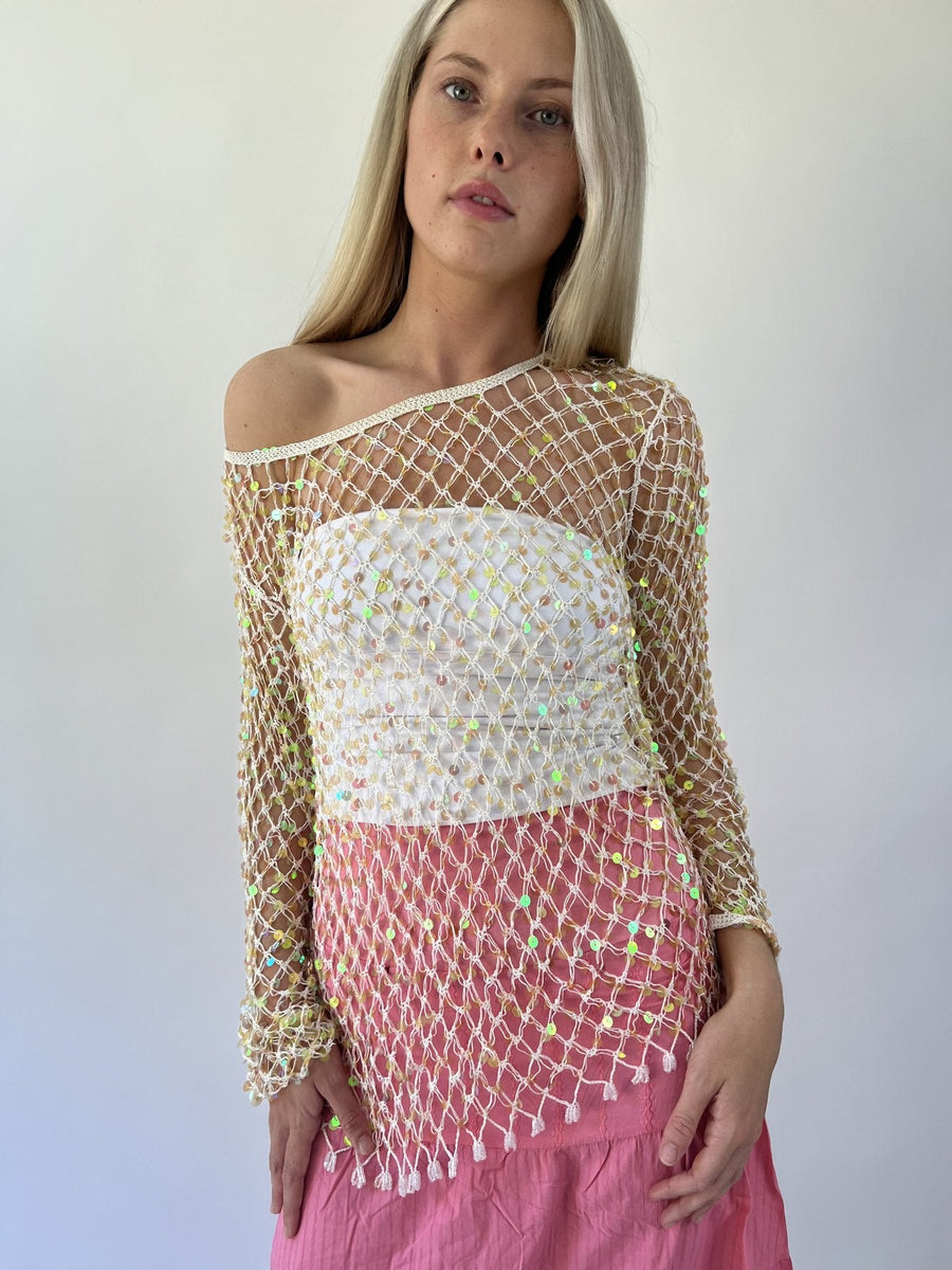 aquamarine drop | small gold crochet long sleeve top