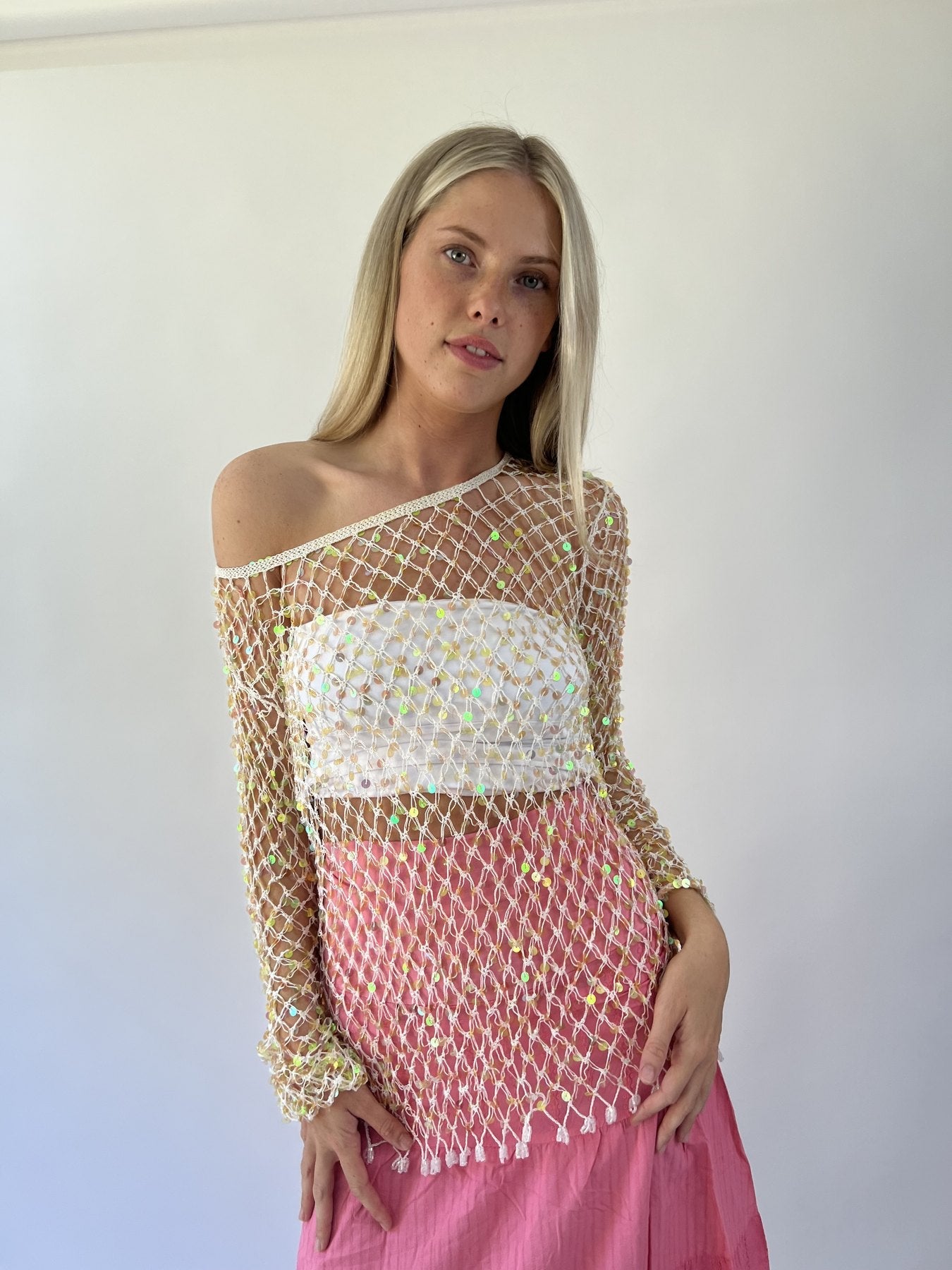 aquamarine drop | small gold crochet long sleeve top