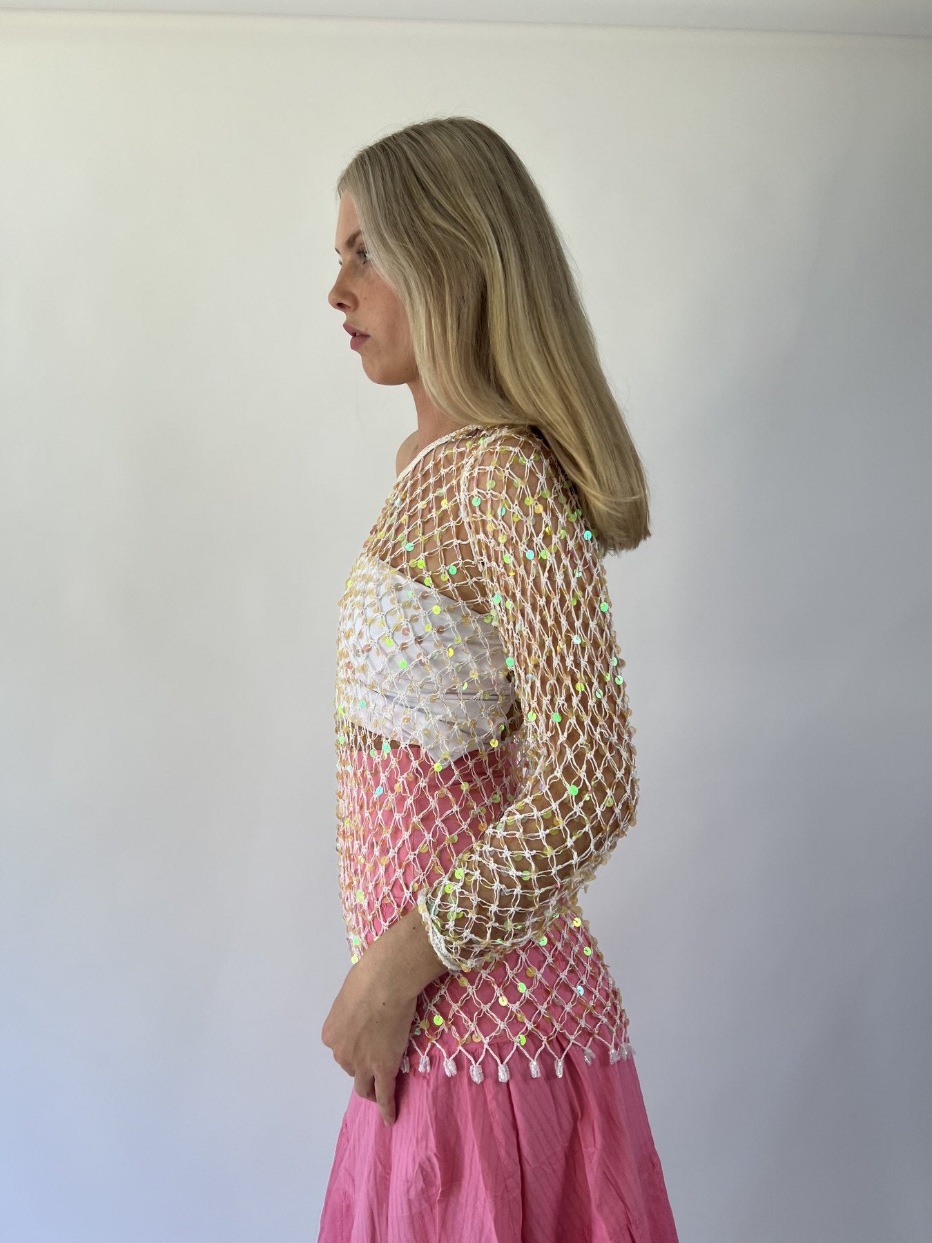 aquamarine drop | small gold crochet long sleeve top