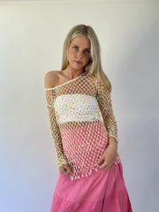 aquamarine drop | small gold crochet long sleeve top
