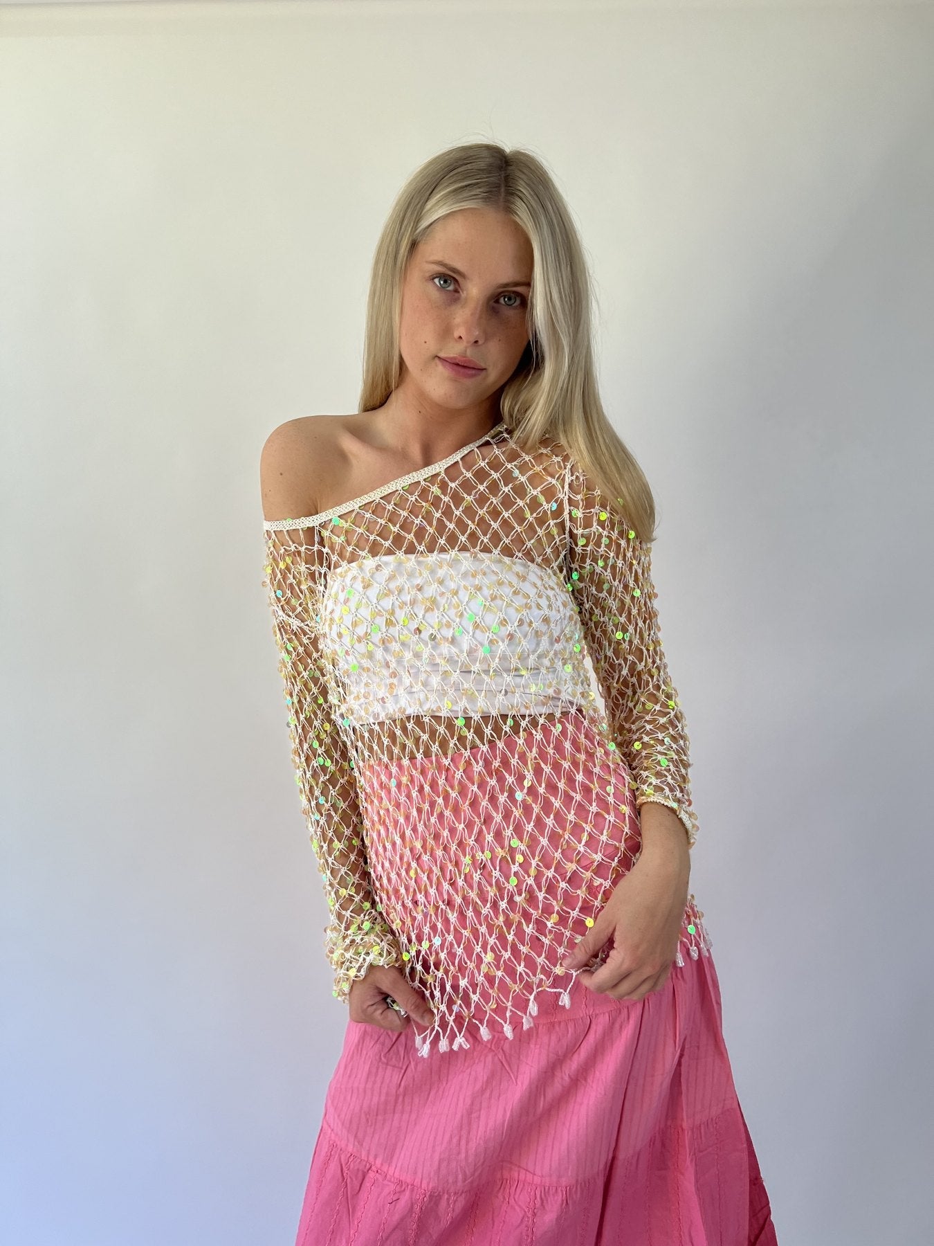 aquamarine drop | small gold crochet long sleeve top