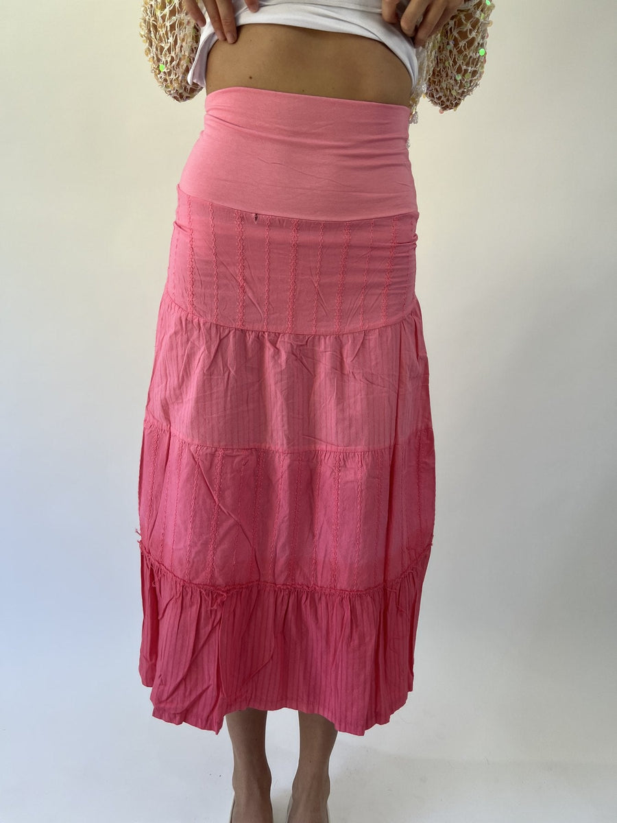 aquamarine drop | small pink tiered maxi skirt