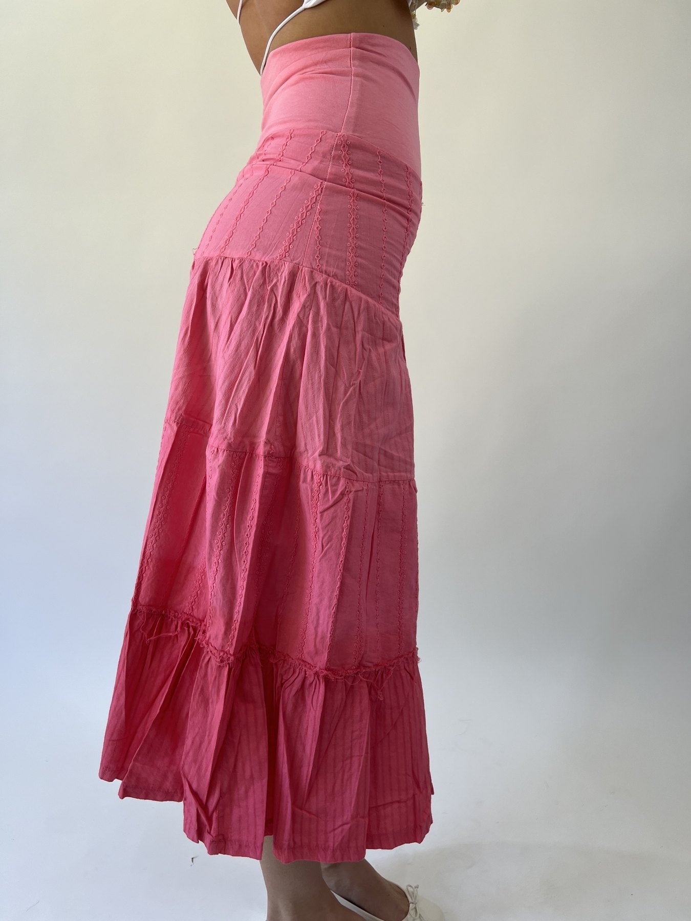 aquamarine drop | small pink tiered maxi skirt