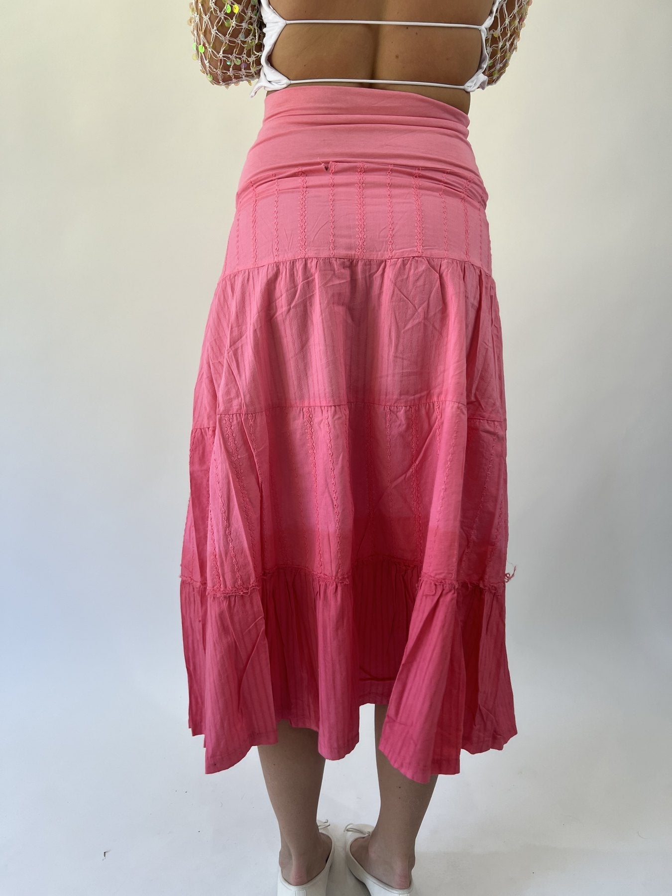 aquamarine drop | small pink tiered maxi skirt