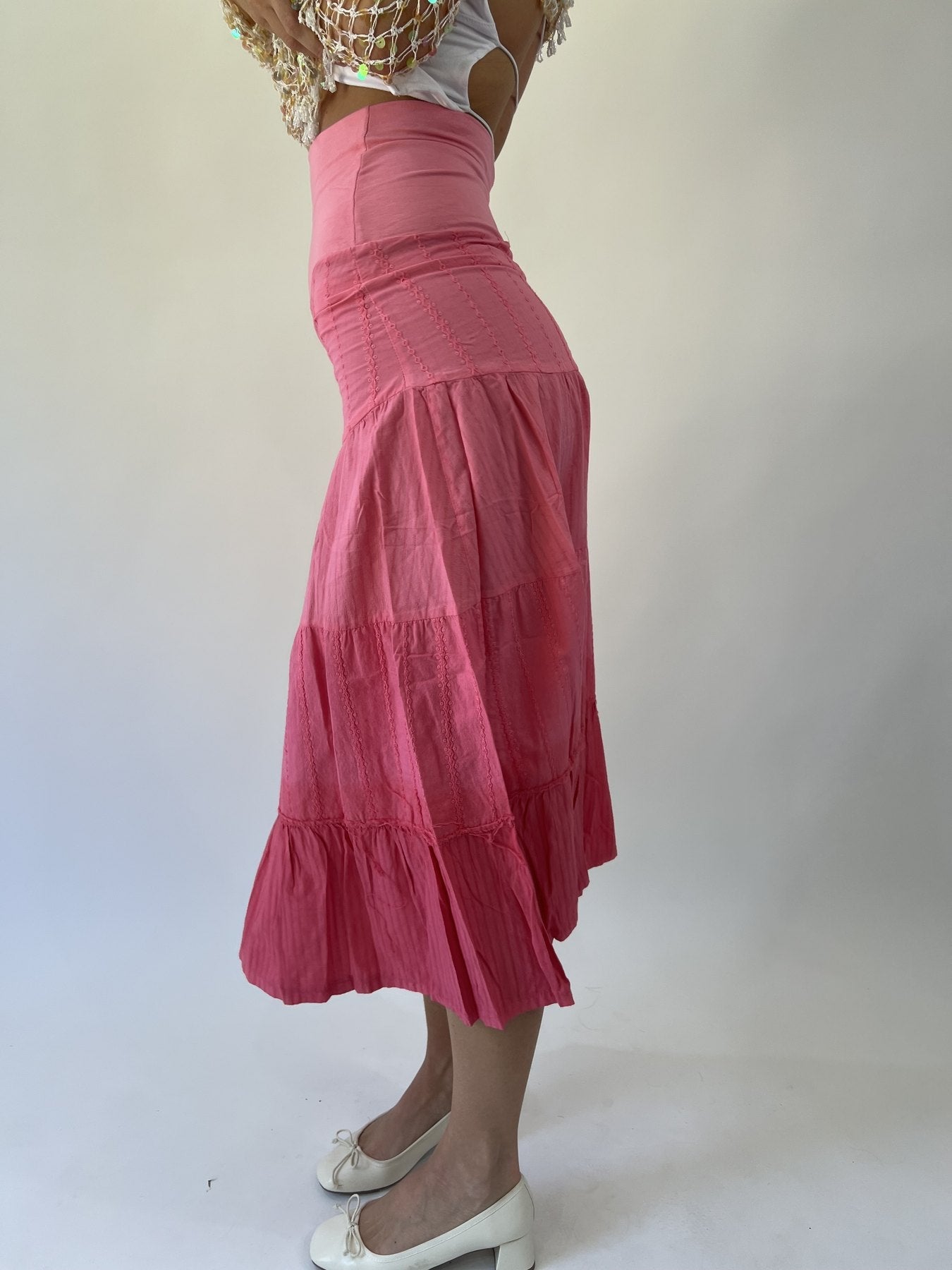 aquamarine drop | small pink tiered maxi skirt
