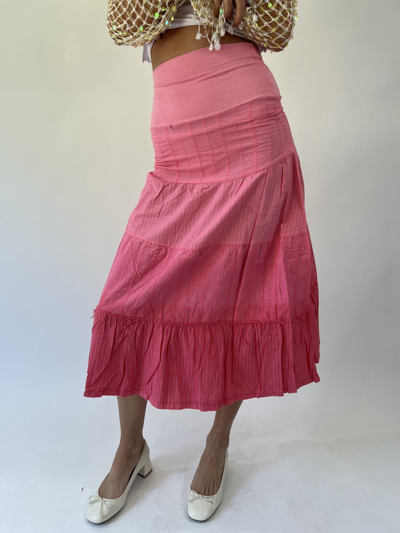 aquamarine drop | small pink tiered maxi skirt