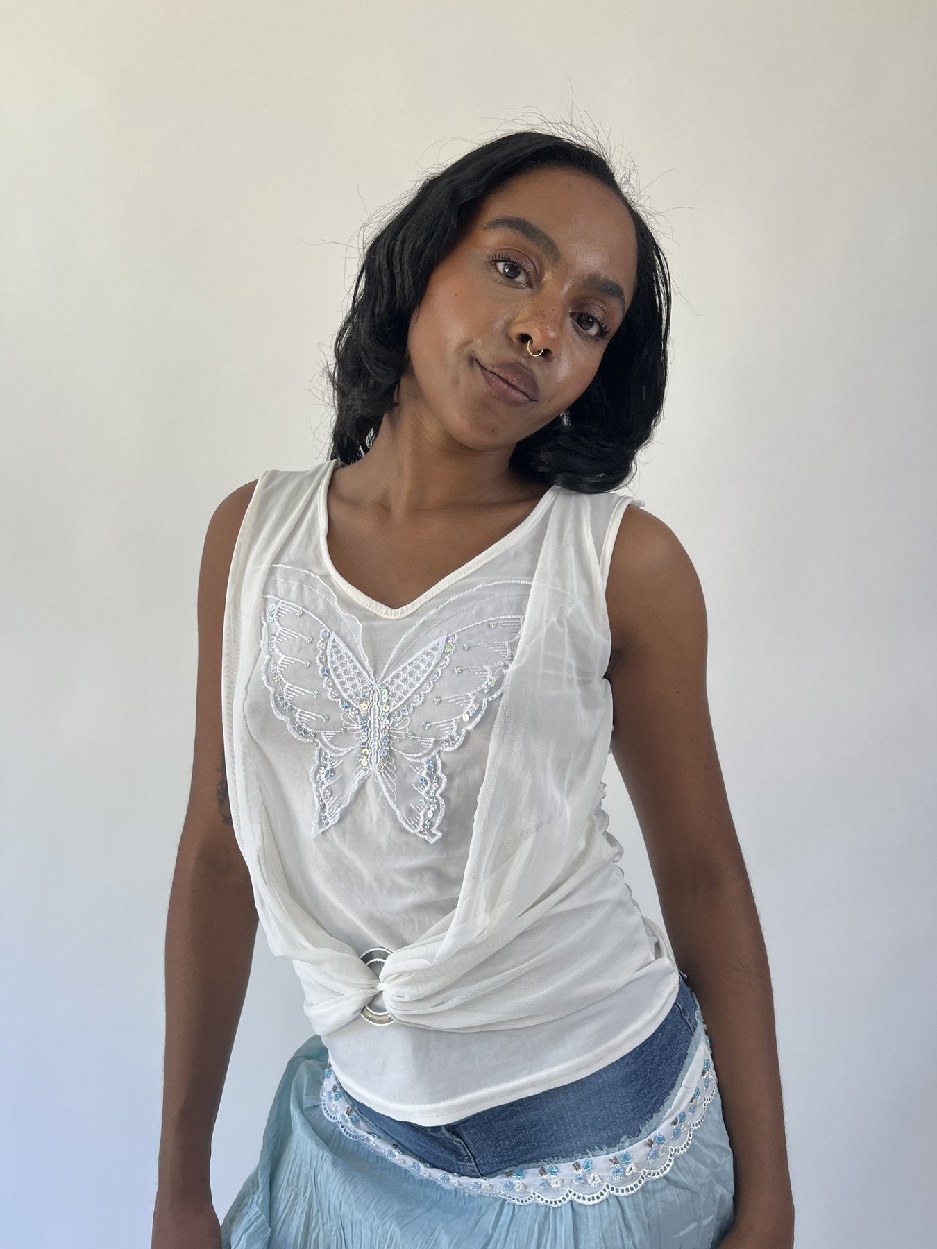 aquamarine drop | large white butterfly applique sleeveless top