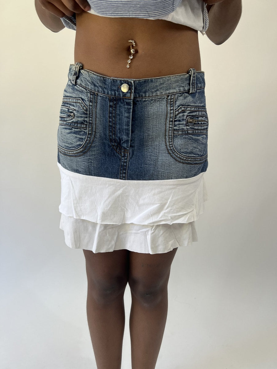 aquamarine drop | small blue denim and white ruffle mini skirt