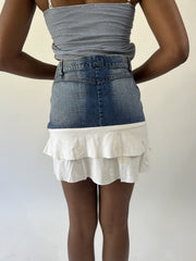 aquamarine drop | small blue denim and white ruffle mini skirt