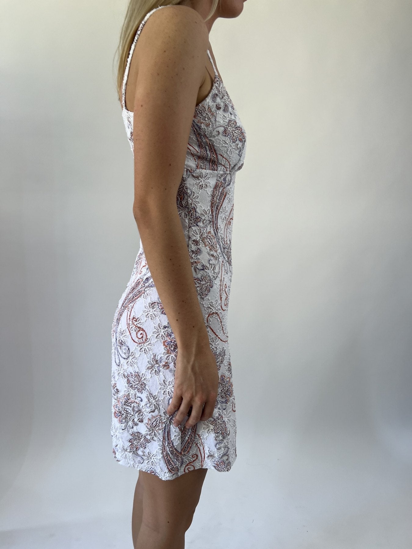 aquamarine drop | small white and pink paisley midi dress
