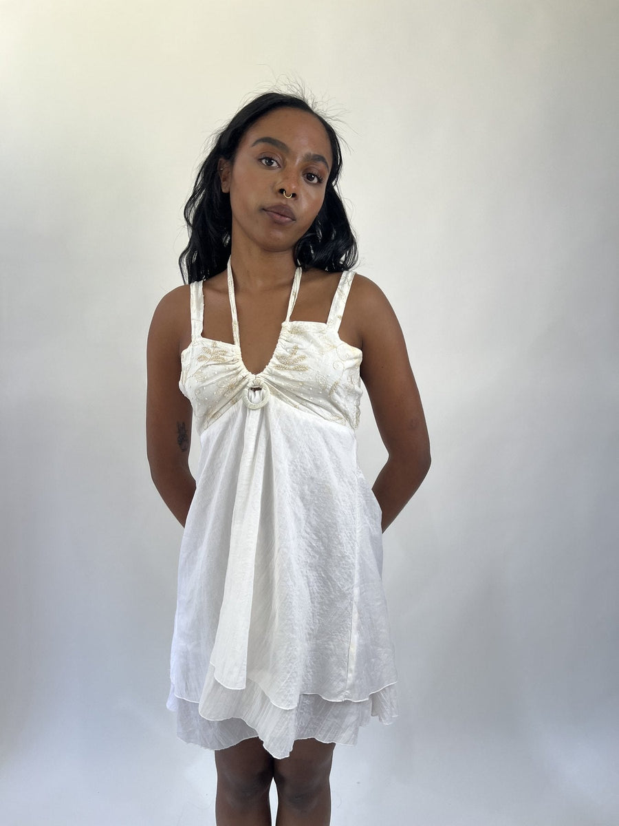 aquamarine drop | small white cutout halter mini dress