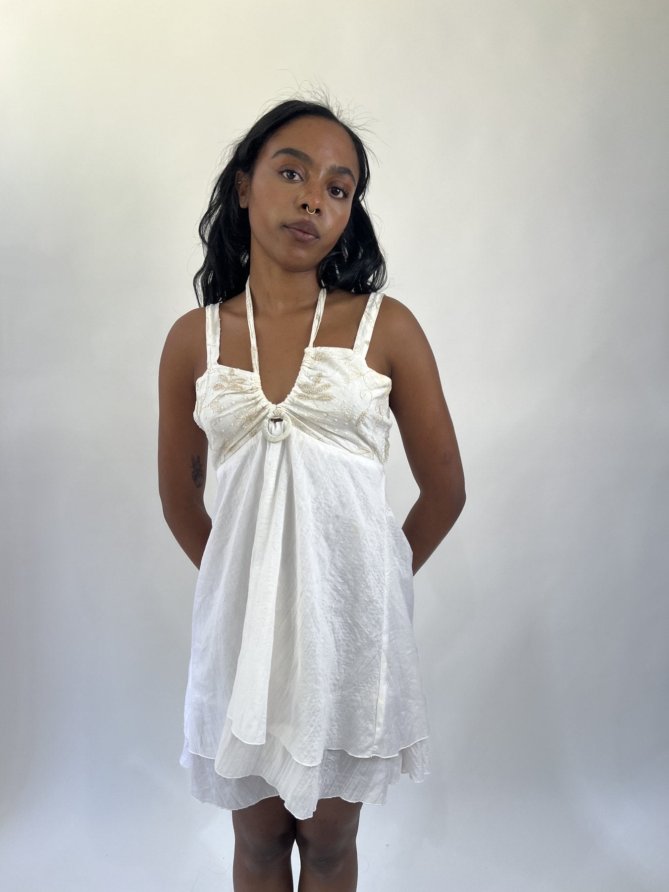 aquamarine drop | small white cutout halter mini dress