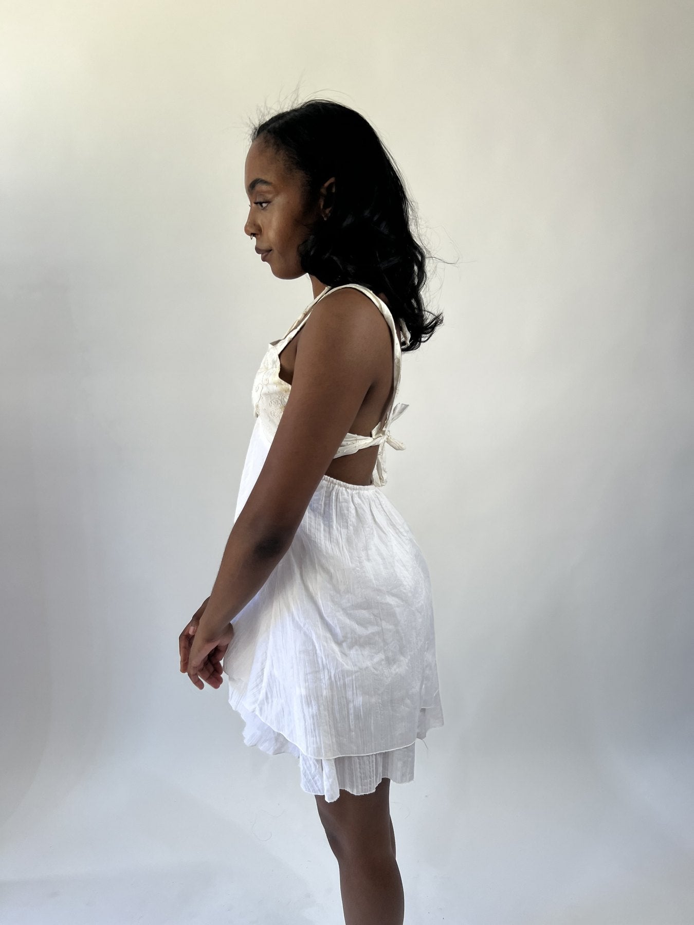 aquamarine drop | small white cutout halter mini dress