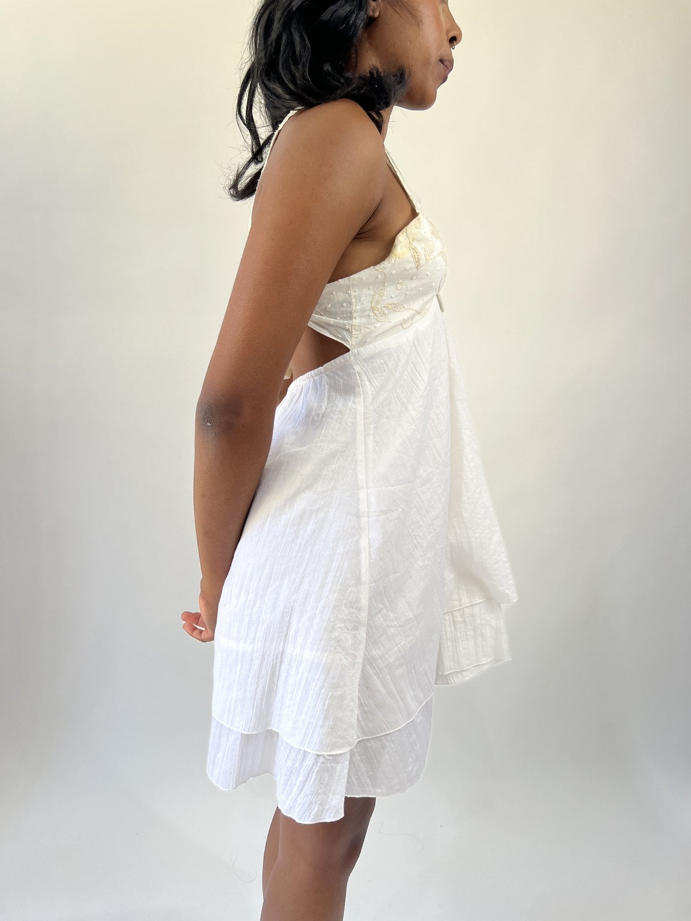 aquamarine drop | small white cutout halter mini dress