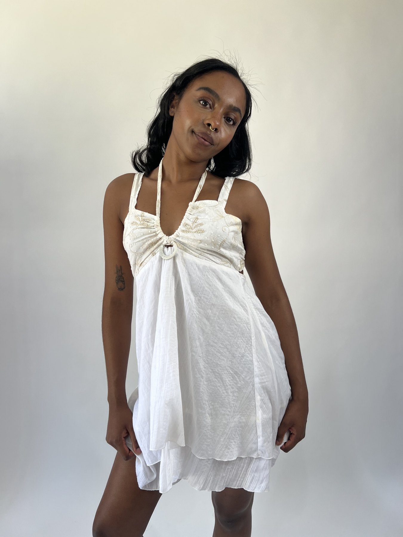aquamarine drop | small white cutout halter mini dress