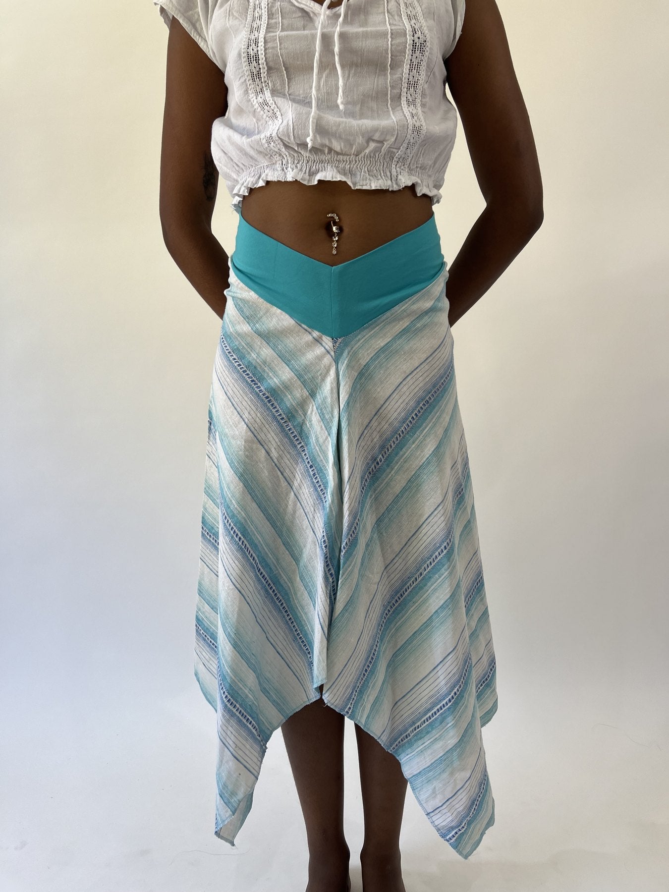 aquamarine drop | small turquoise and blue striped asymmetric midi skirt