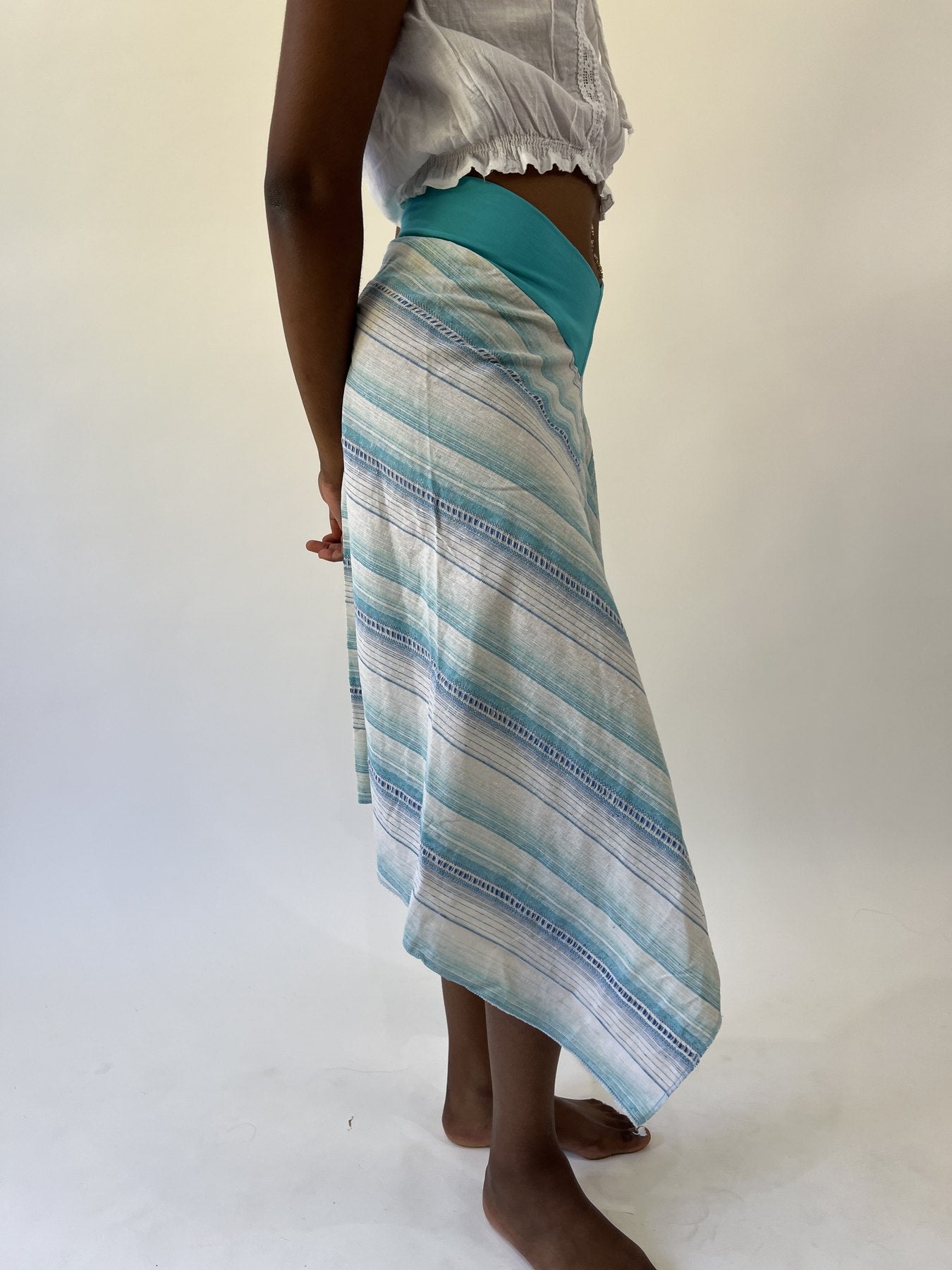 aquamarine drop | small turquoise and blue striped asymmetric midi skirt