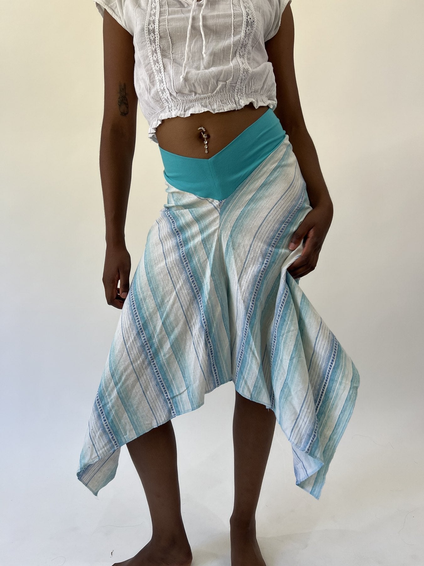 aquamarine drop | small turquoise and blue striped asymmetric midi skirt