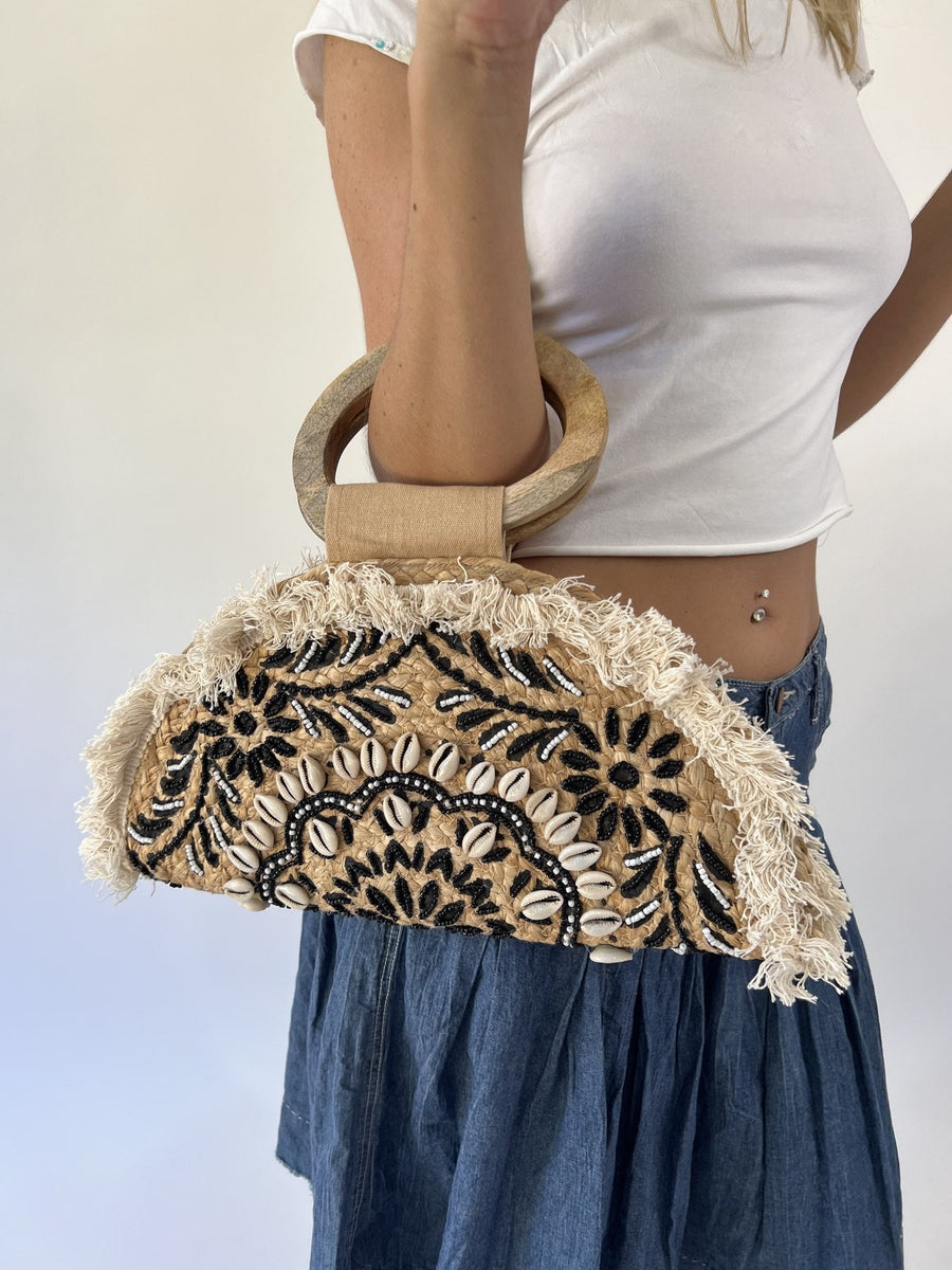 aquamarine drop | one size beige veride shell beaded handbag