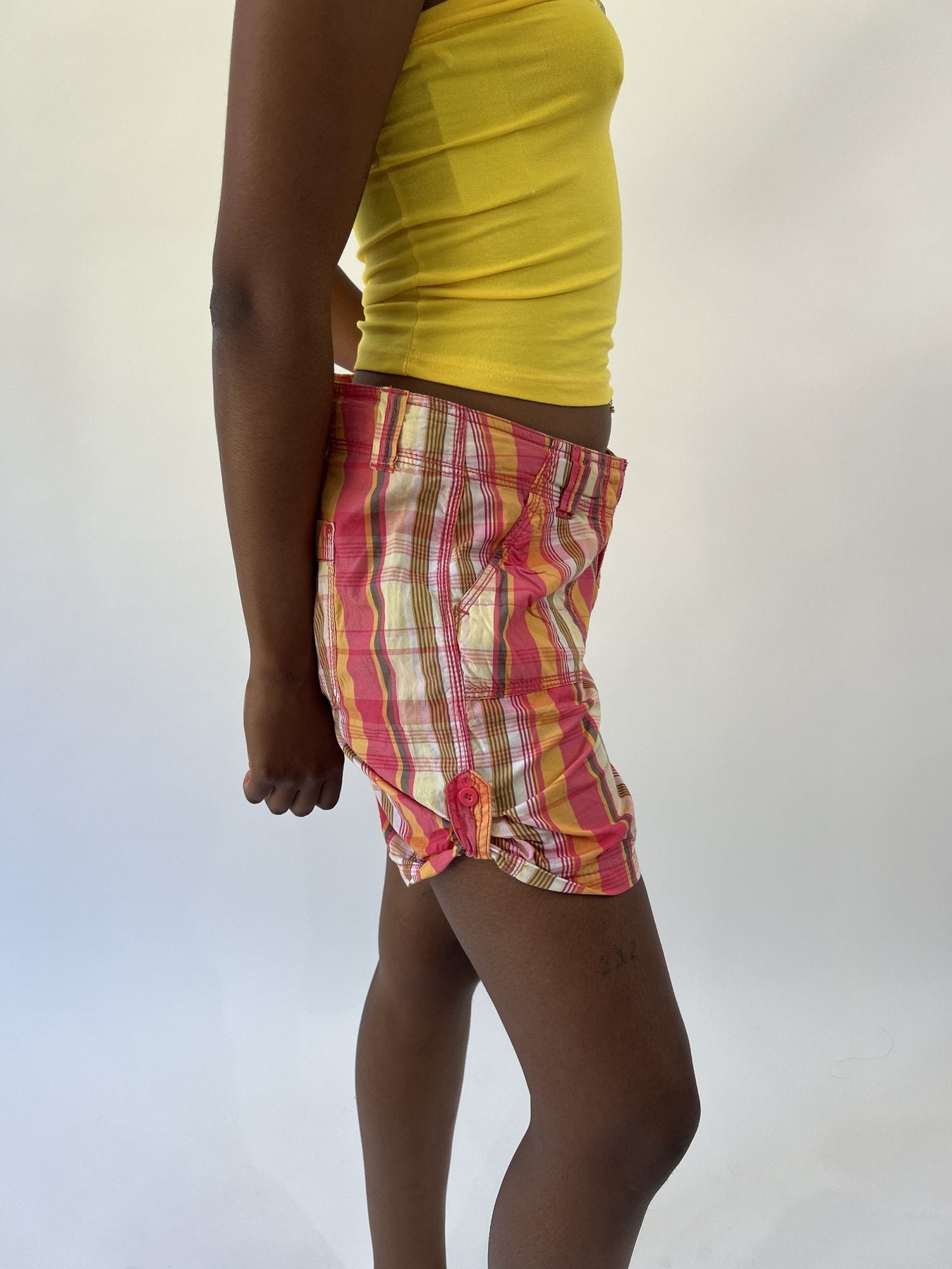 aquamarine drop | small pink and yellow plaid cargo shorts