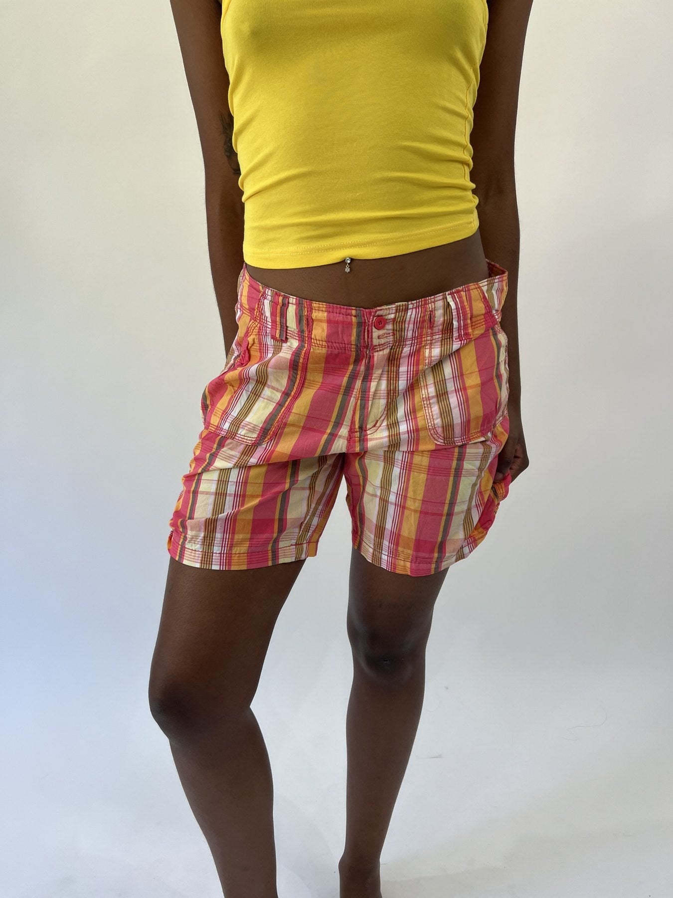 aquamarine drop | small pink and yellow plaid cargo shorts