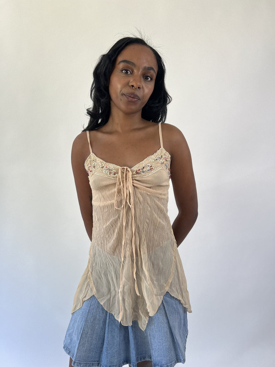 aquamarine drop | small beige beaded hanky hem cami top