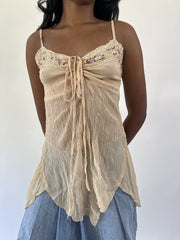 aquamarine drop | small beige beaded hanky hem cami top