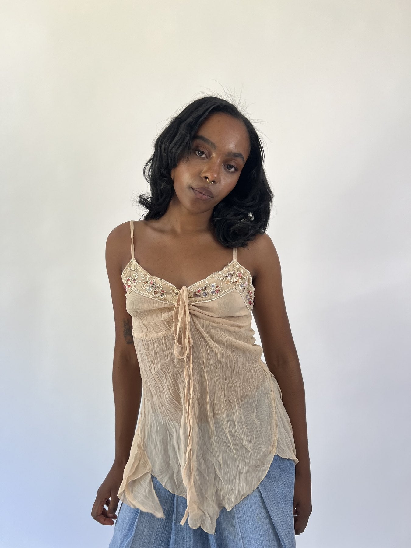 aquamarine drop | small beige beaded hanky hem cami top