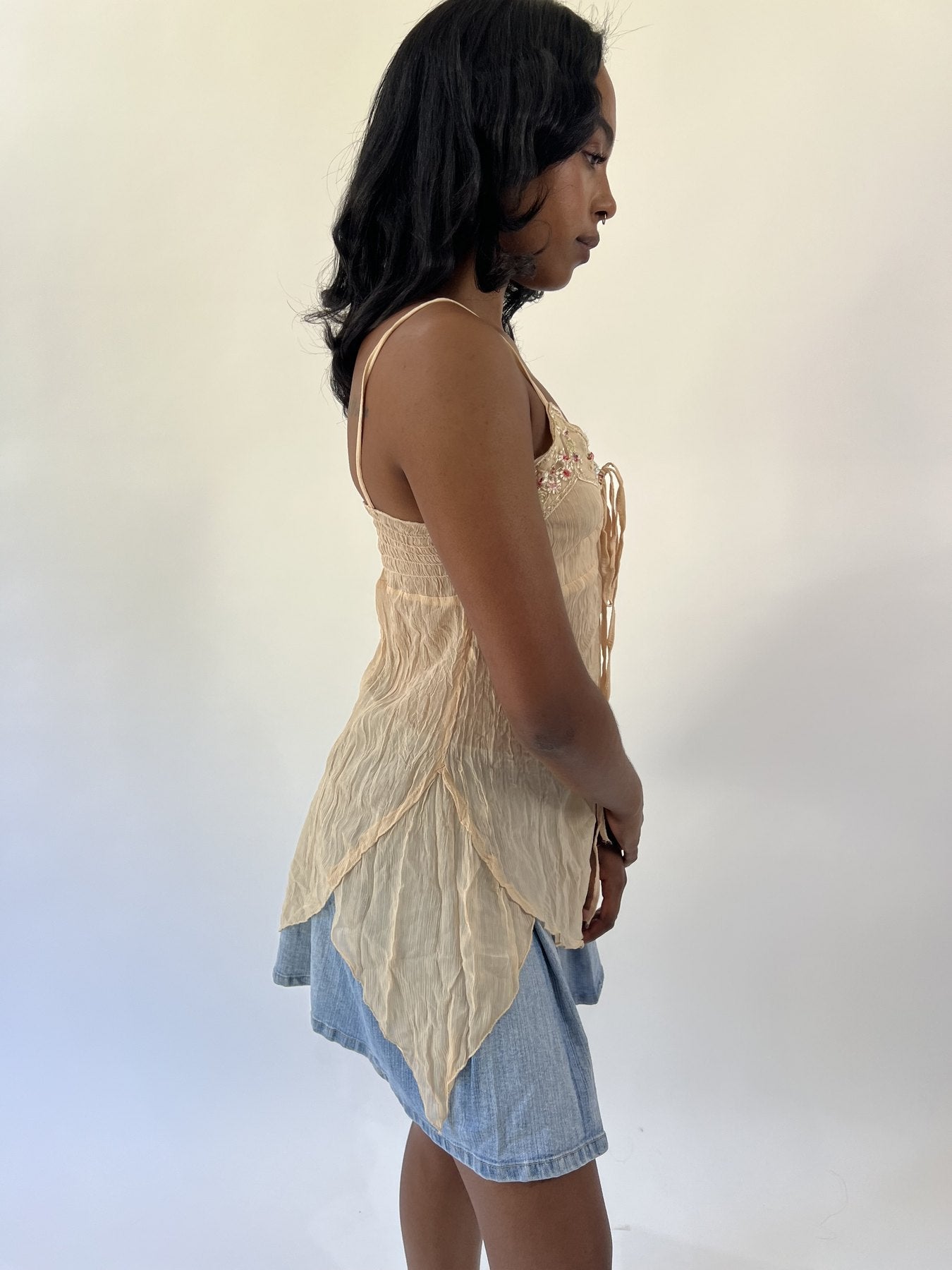 aquamarine drop | small beige beaded hanky hem cami top