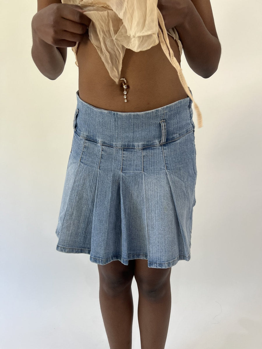 aquamarine drop | small light blue pleated denim mini skirt