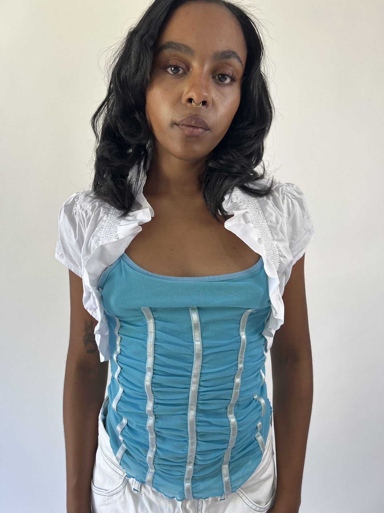 aquamarine drop | small white cropped ruffle bolero