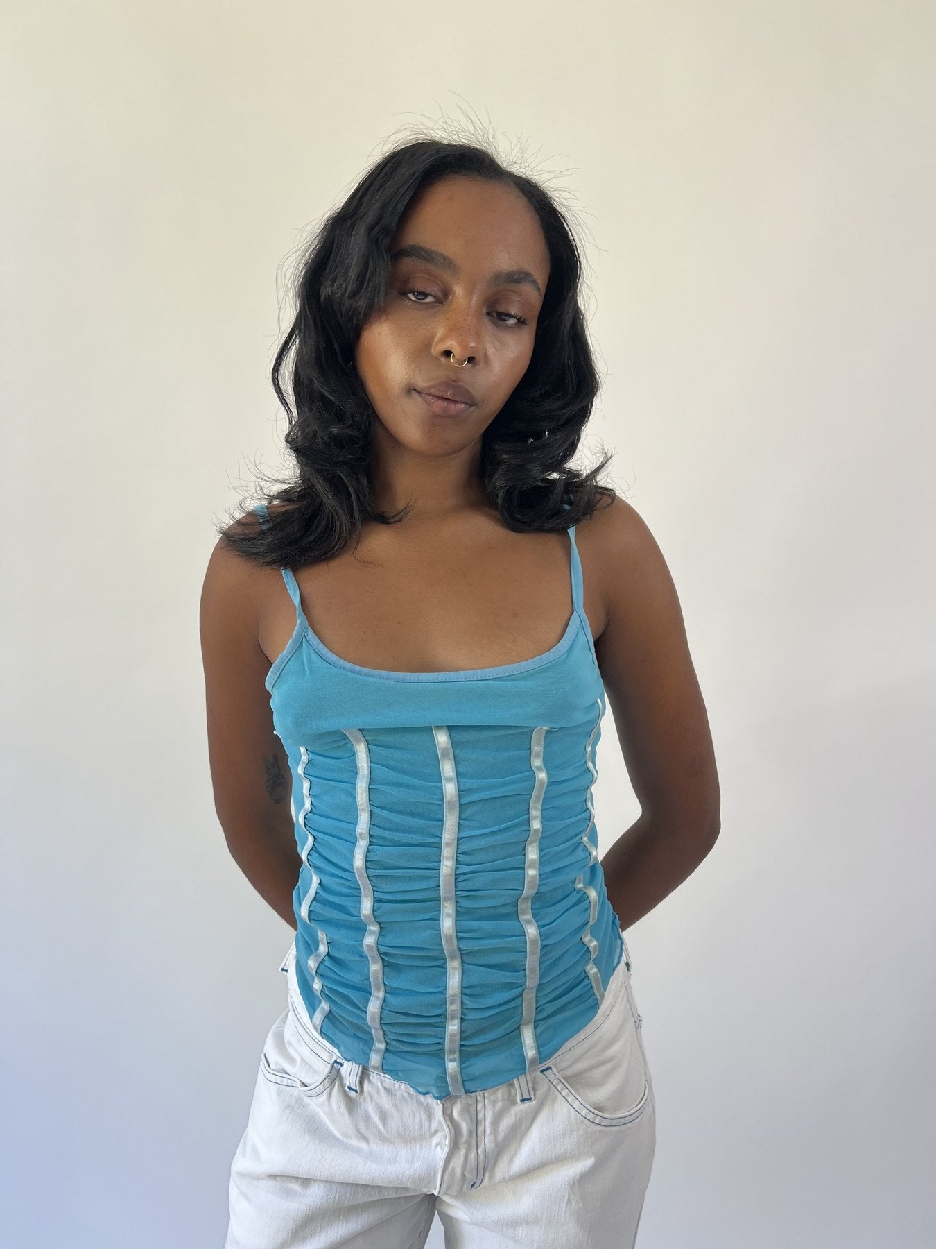 aquamarine drop | small turquoise ruched stripe cami top