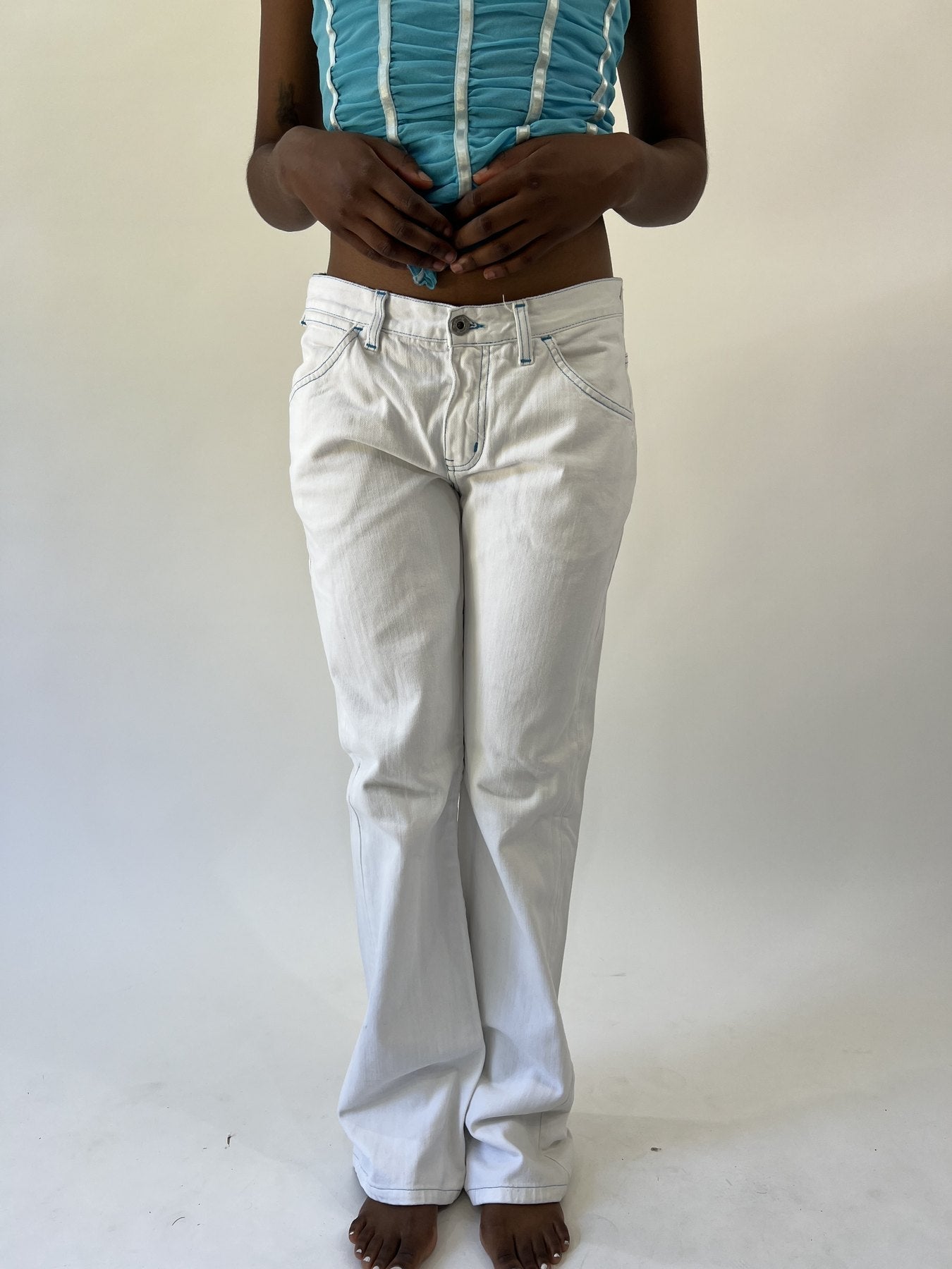 aquamarine drop | small white and blue embroidered flare trousers