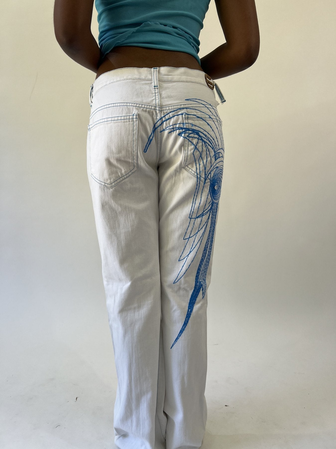 aquamarine drop | small white and blue embroidered flare trousers