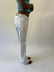 aquamarine drop | small white and blue embroidered flare trousers