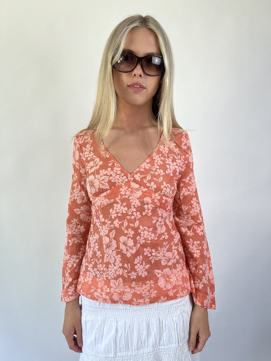 aquamarine drop | small peach floral long sleeve top