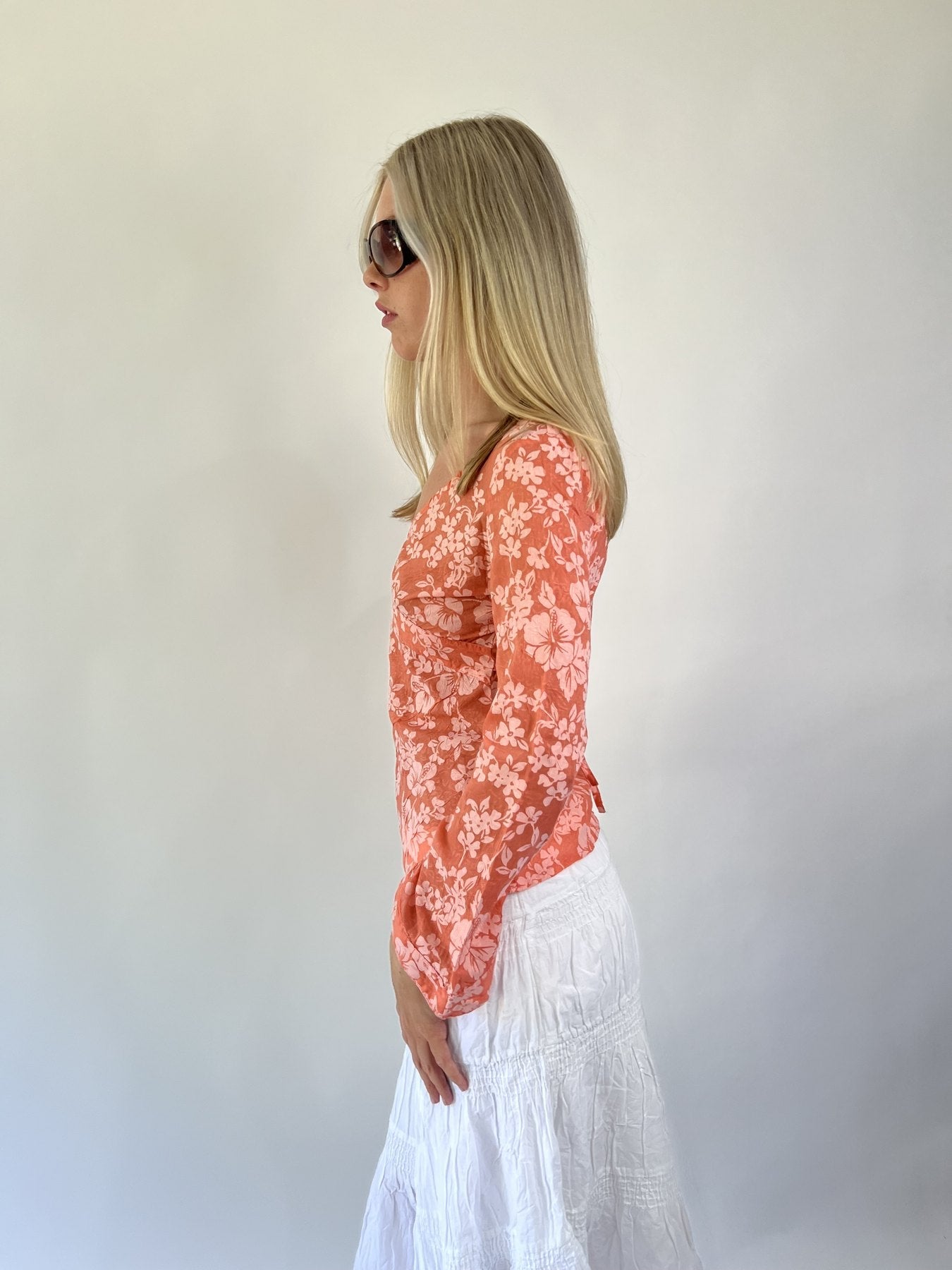 aquamarine drop | small peach floral long sleeve top