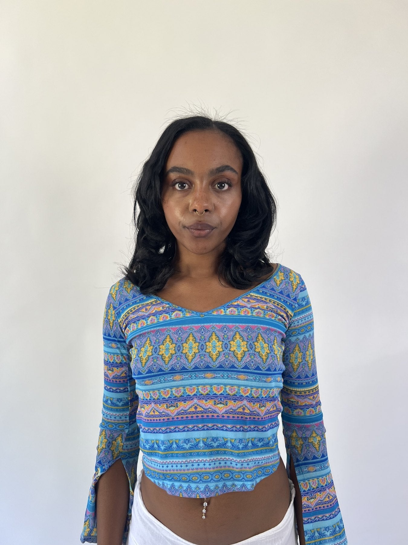 aquamarine drop | small blue patterned long sleeve crop top